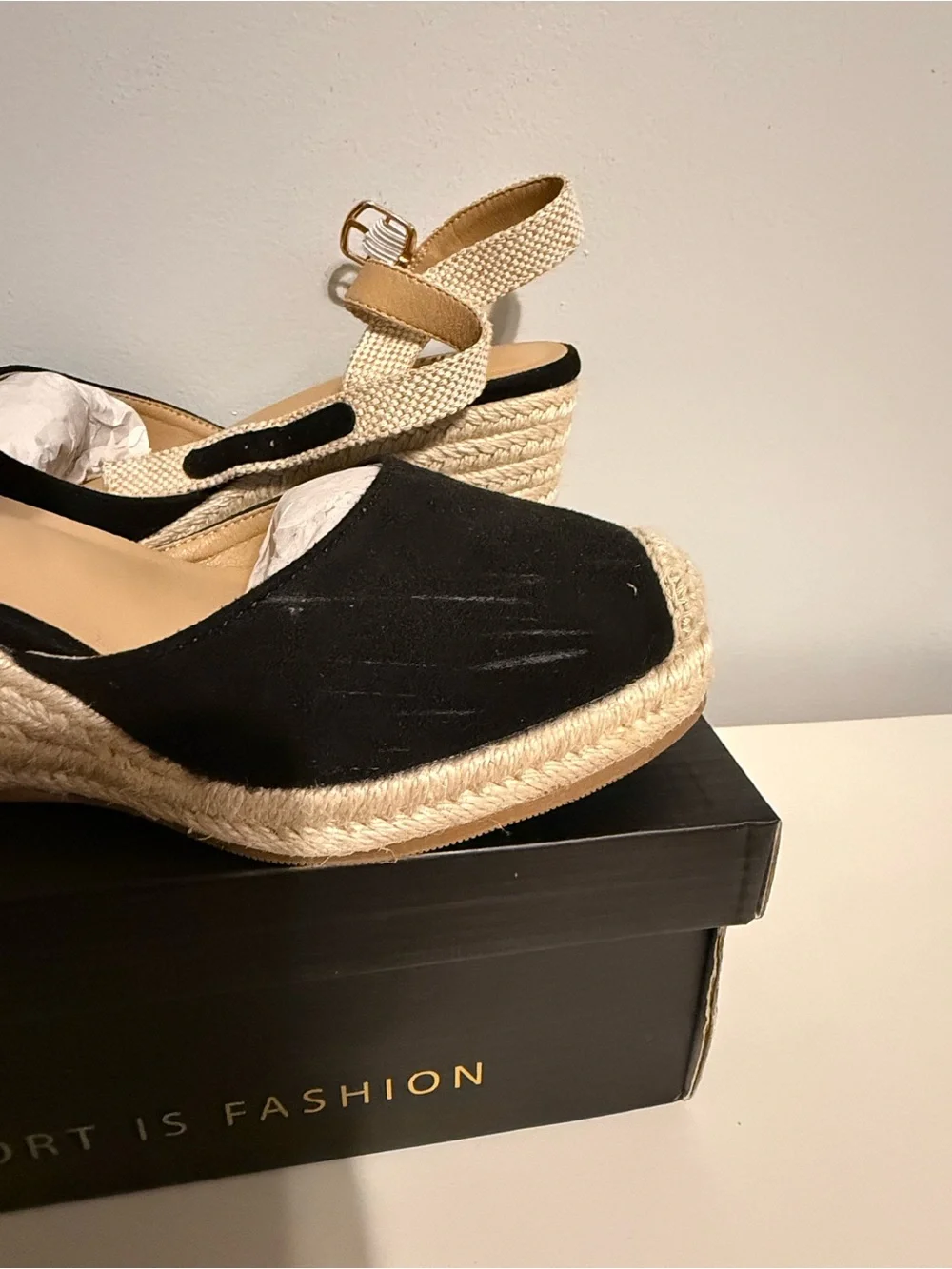 IDIFU Black and Beige Espadrille Wedge Sandals with Ankle Strap